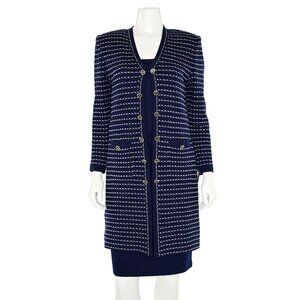 St. John Collection Long Cardigan in Navy & Bright White Stripe sz 2